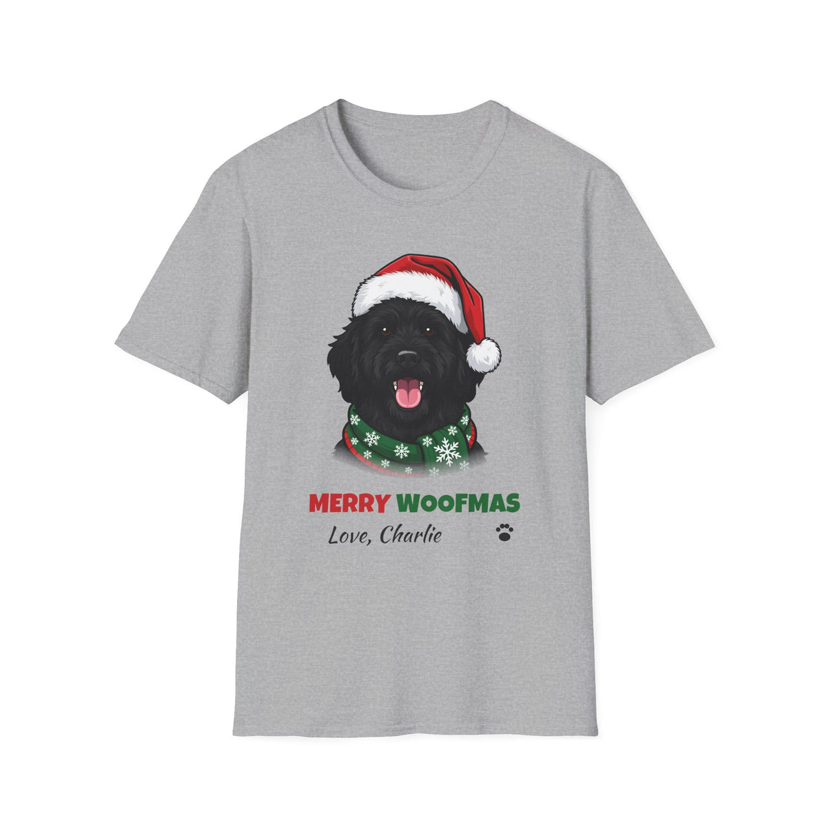Merry Woofmas Black Goldendoodle Christmas t-shirt in Sport Gray, front view