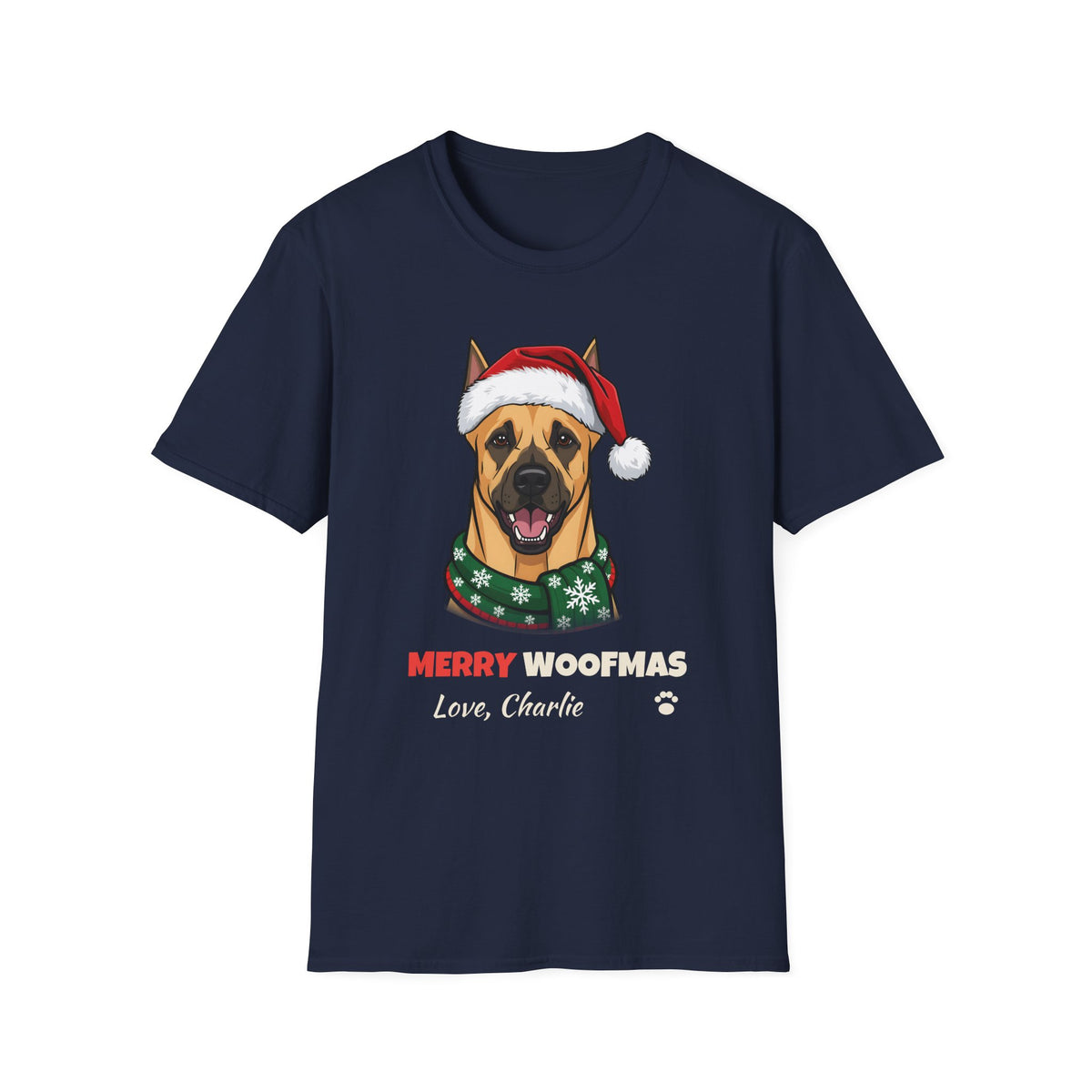 Merry Woofmas Great Dane Christmas t-shirt in Navy, front view
