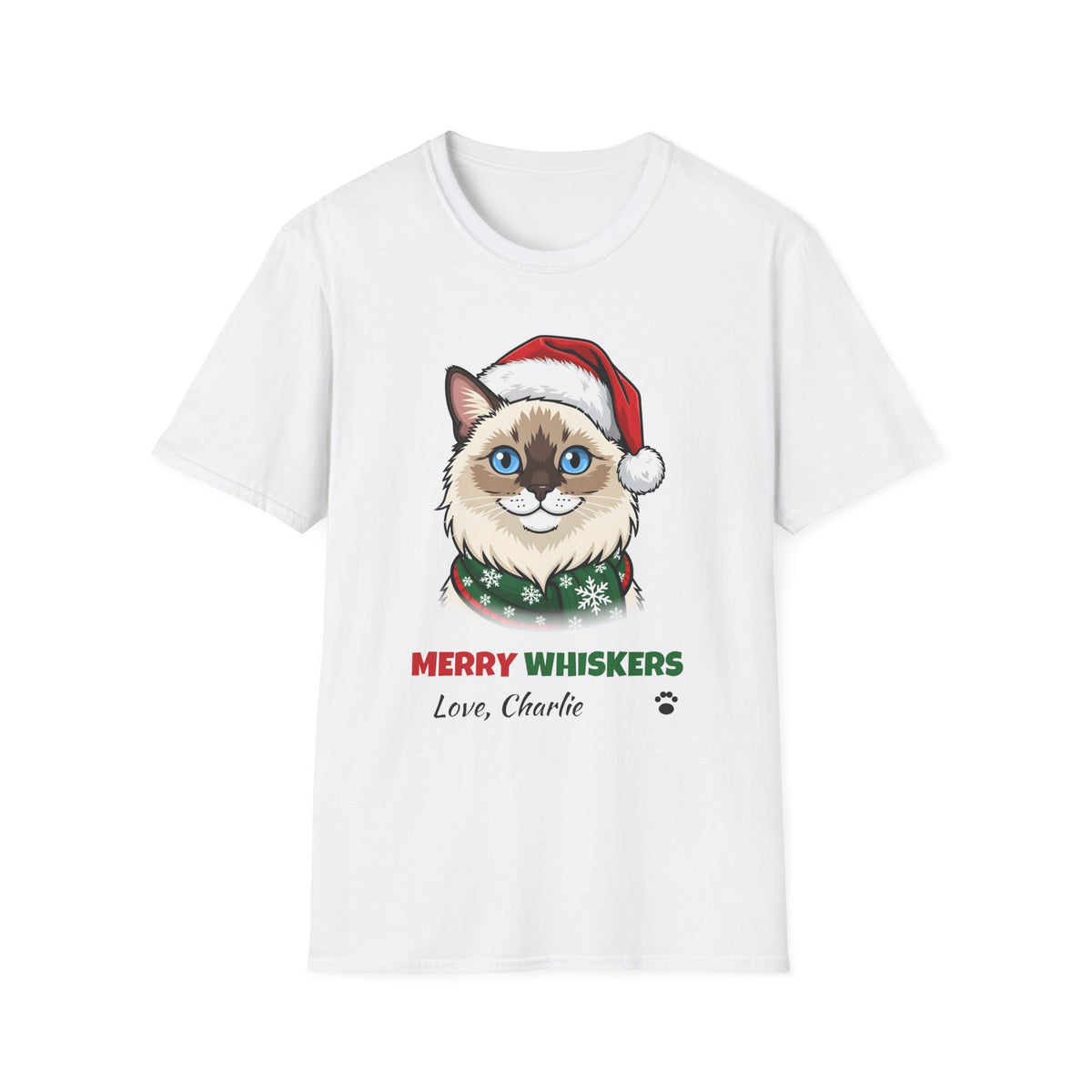 Merry Whiskers Ragdoll Cat Christmas t-shirt in White, front view