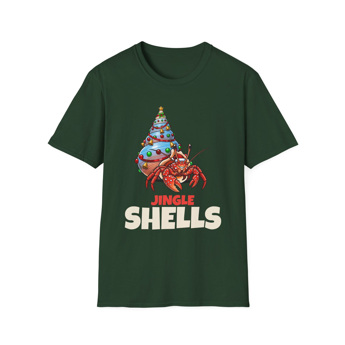 Jingle Shells Christmas t-shirt in Forest Green, front view