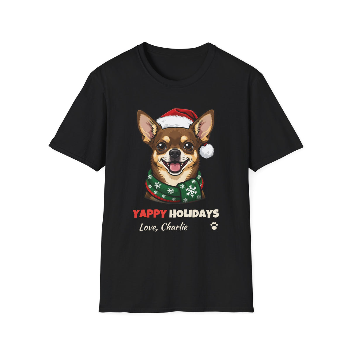 Yappy Holidays Chihuahua Christmas t-shirt in Black, front view