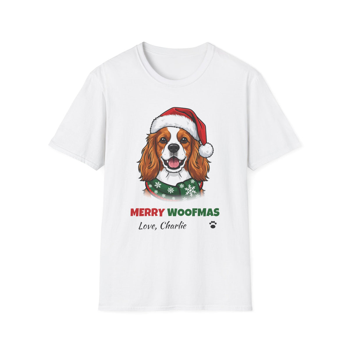 Merry Woofmas Cavalier King Charles Spaniel Christmas t-shirt in White, front view