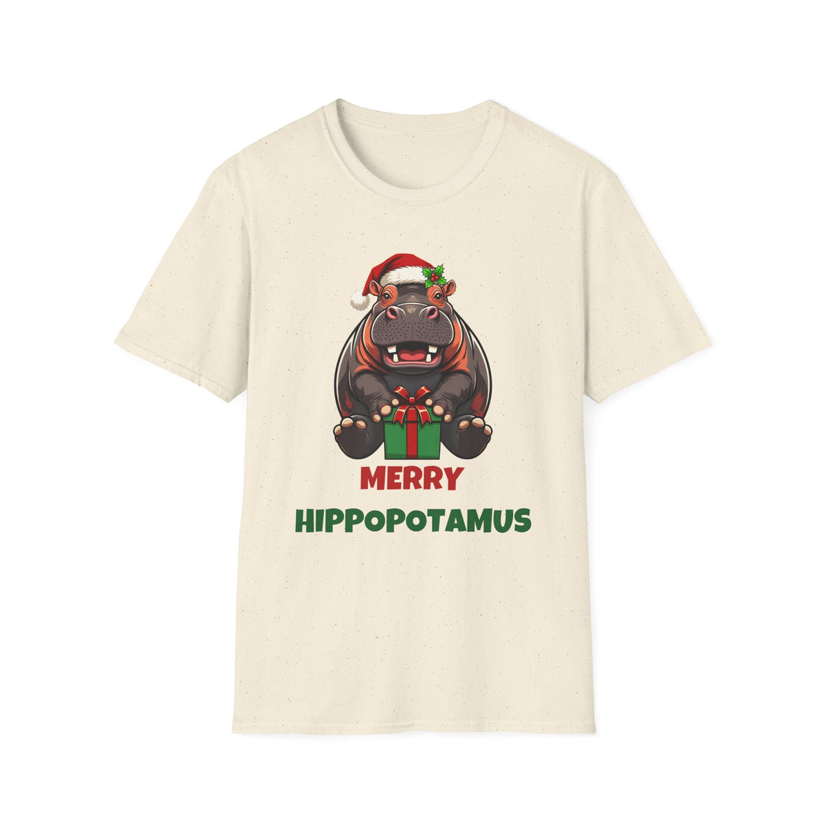 Merry Hippopotamus Christmas t-shirt in Natural, front view