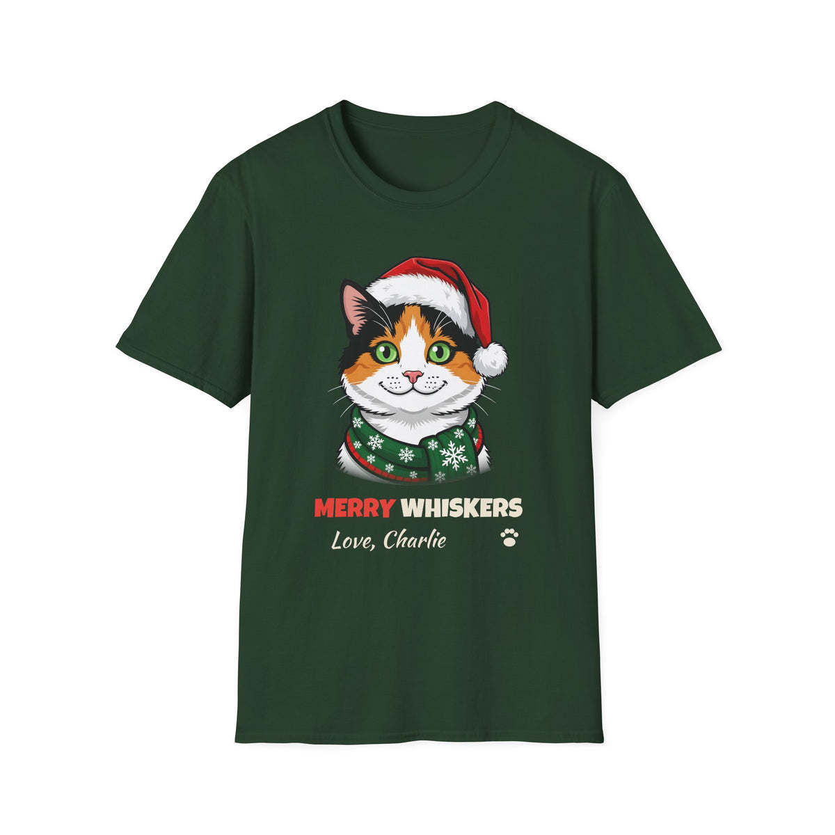 Merry Whiskers Calico Cat Christmas t-shirt in Forest Green, front view