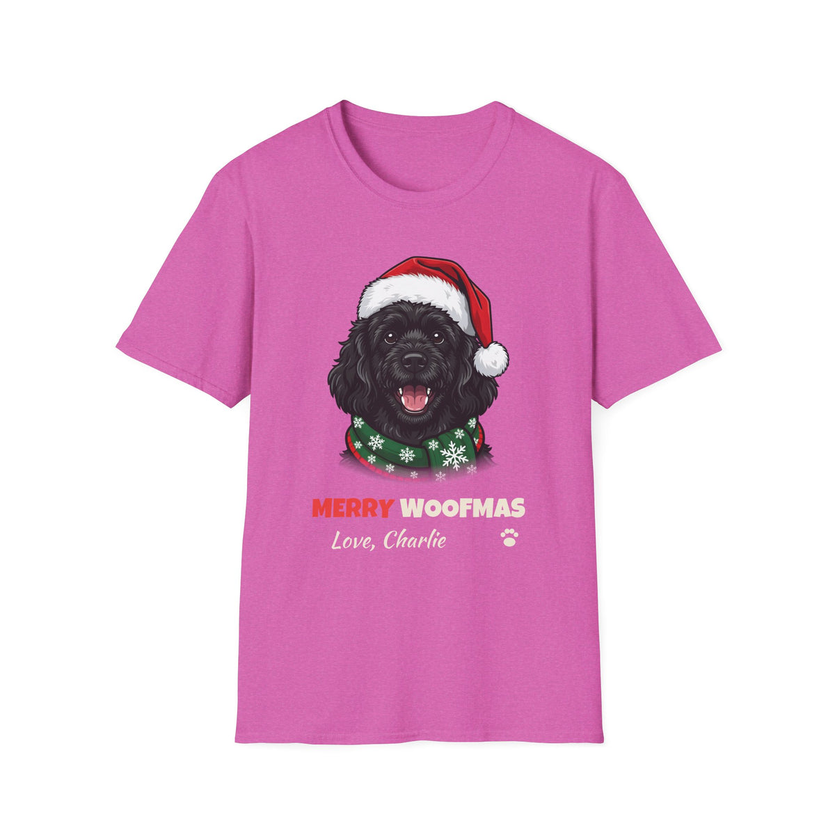 Merry Woofmas Cavapoo Christmas t-shirt in Heather Berry, front view