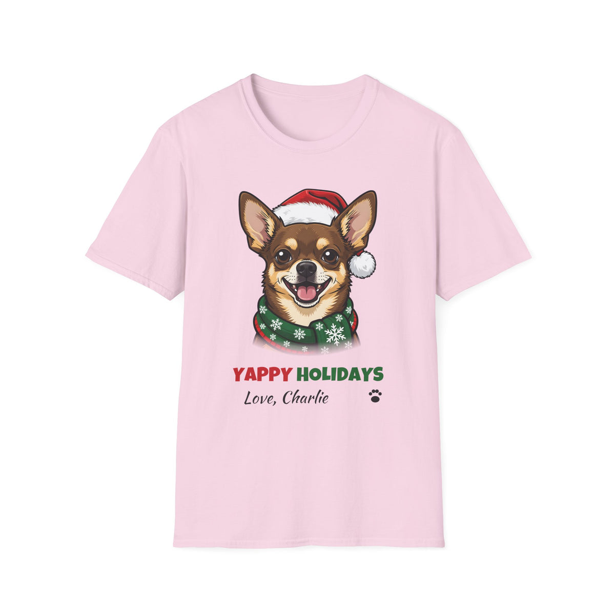 Yappy Holidays Chihuahua Christmas t-shirt in Light Pink, front view