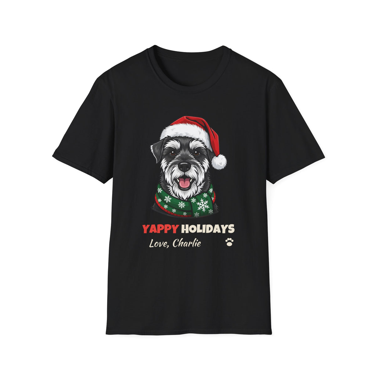 Yappy Holidays Miniature Schnauzer Christmas t-shirt in Black, front view