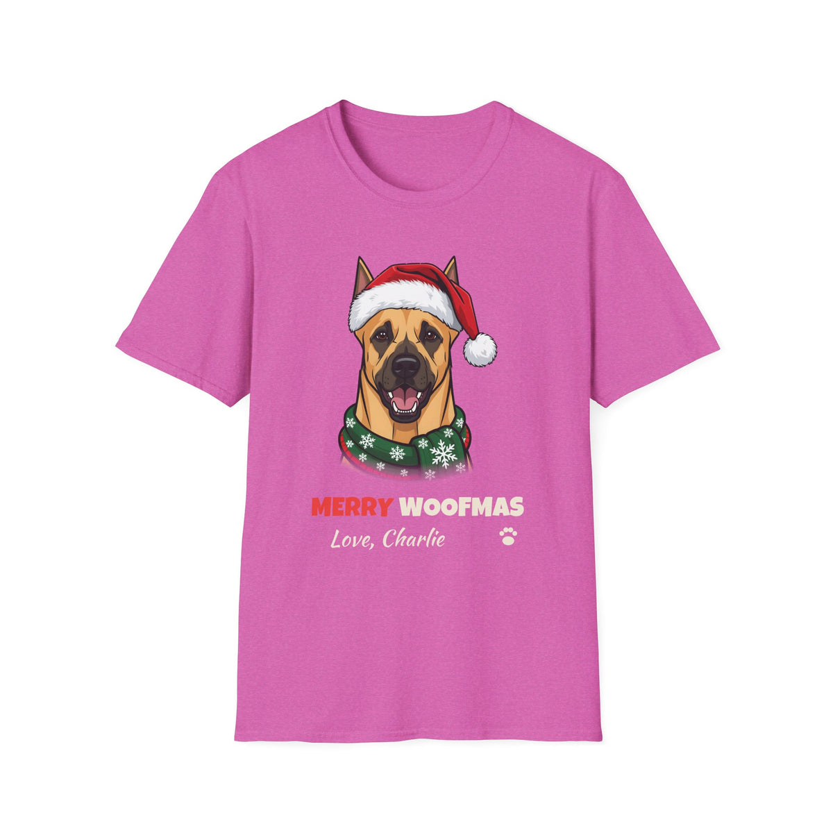 Merry Woofmas Great Dane Christmas t-shirt in Heather Berry, front view