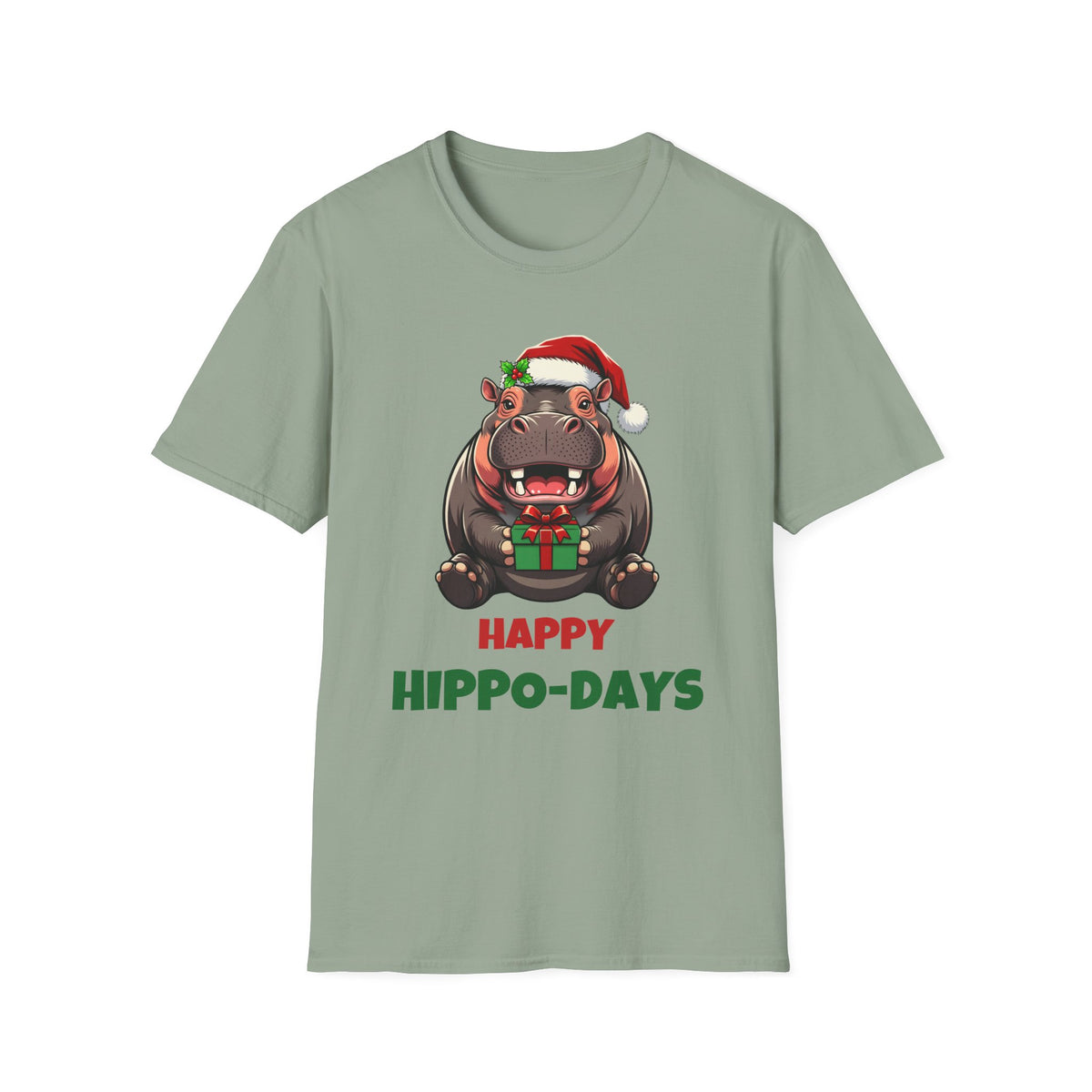 Happy Hippo-Days Christmas t-shirt in Sage, front view