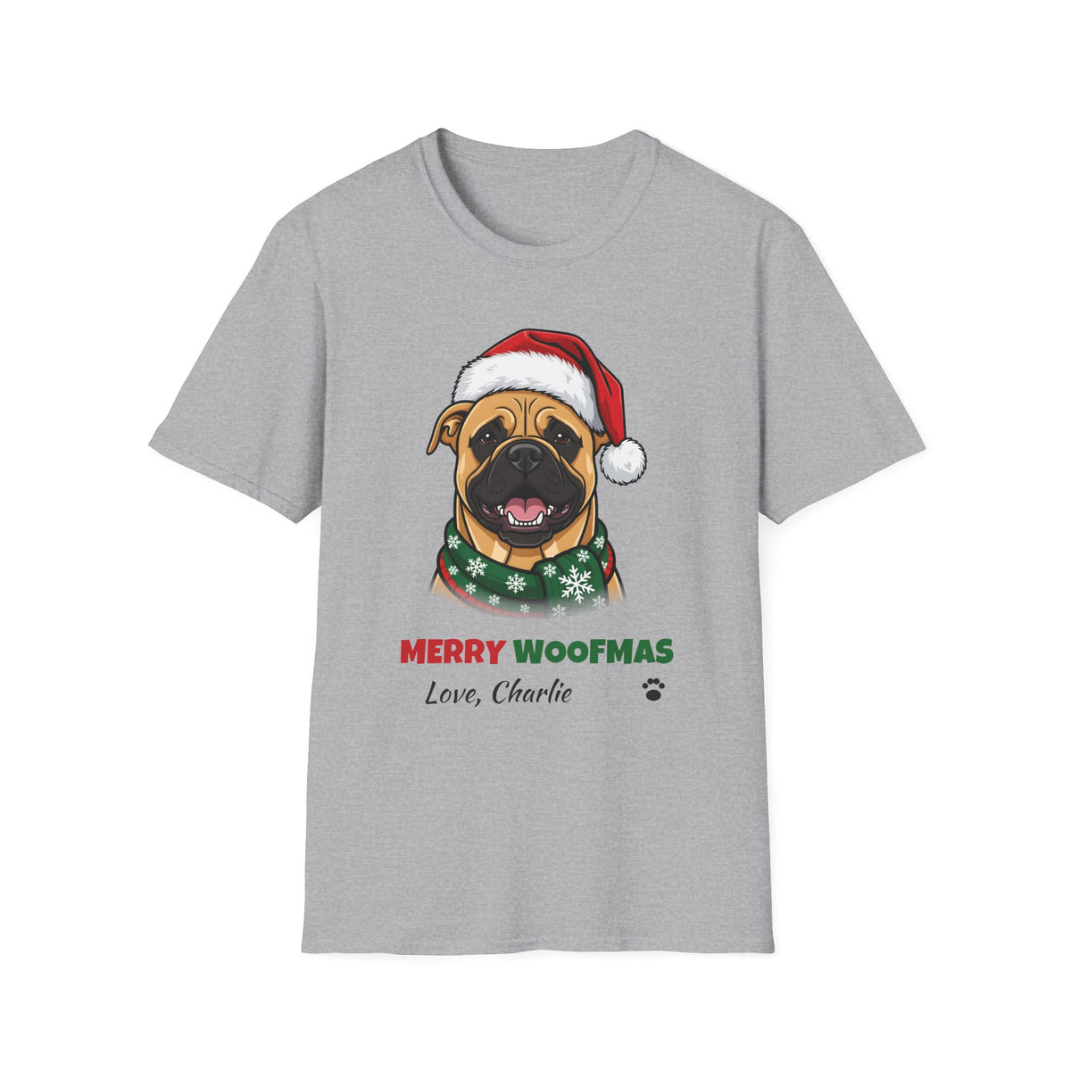 Merry Woofmas Bullmastiff Christmas t-shirt in Sport Gray, front view