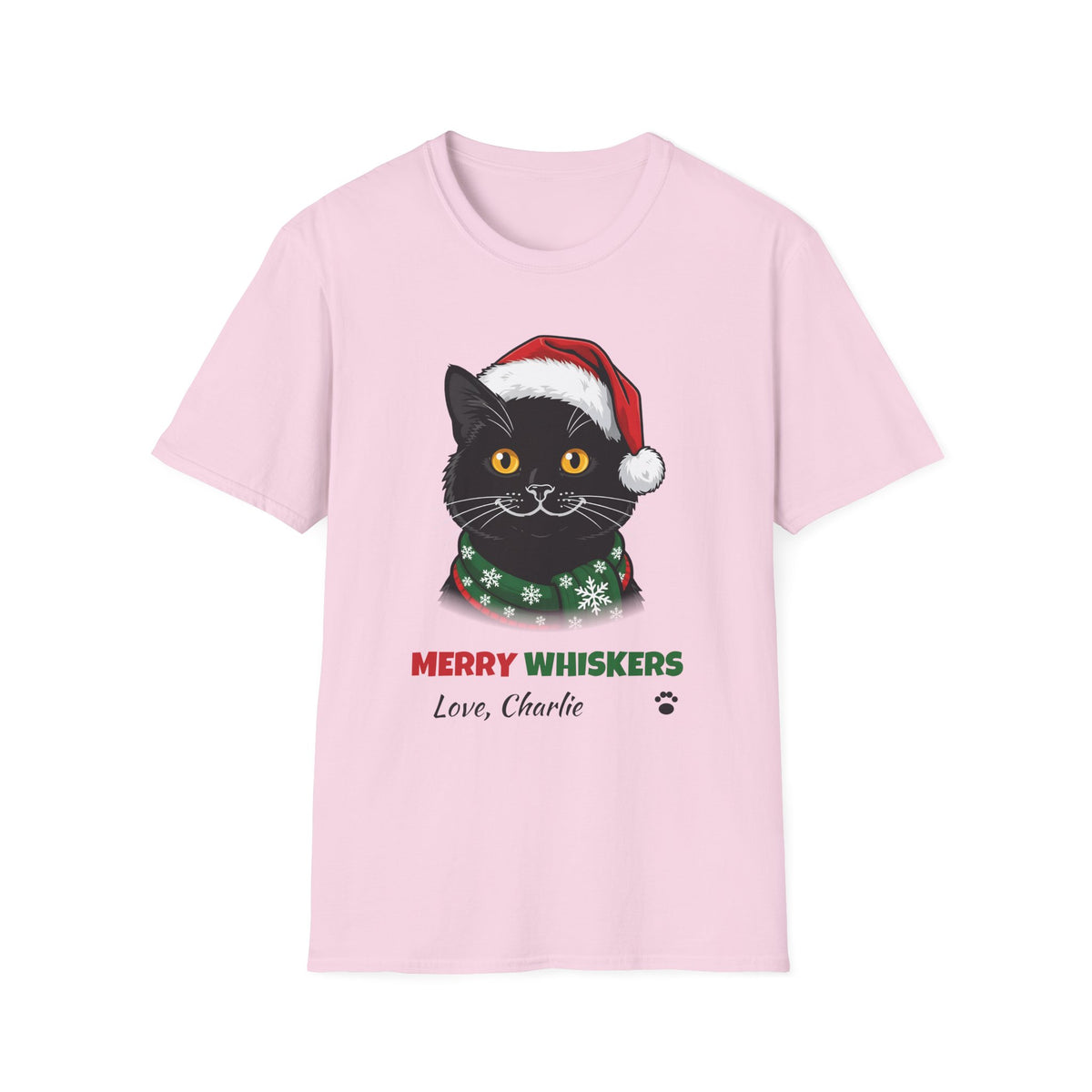 Merry Whiskers Black Cat Christmas t-shirt in Light Pink, front view