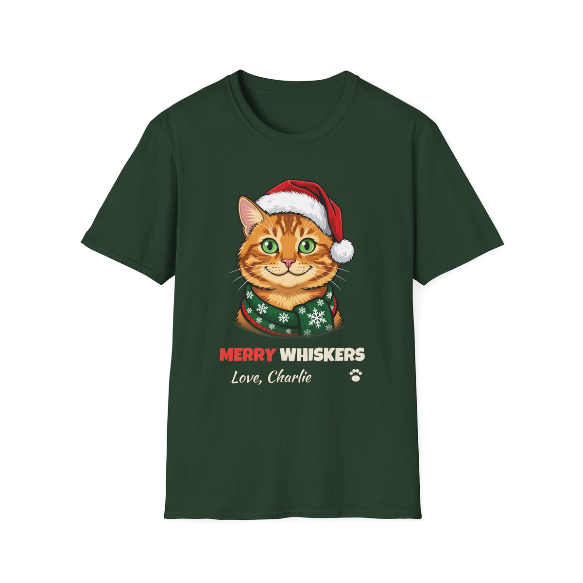 Merry Whiskers Ginger Tabby Cat Christmas t-shirt in Forest Green, front view