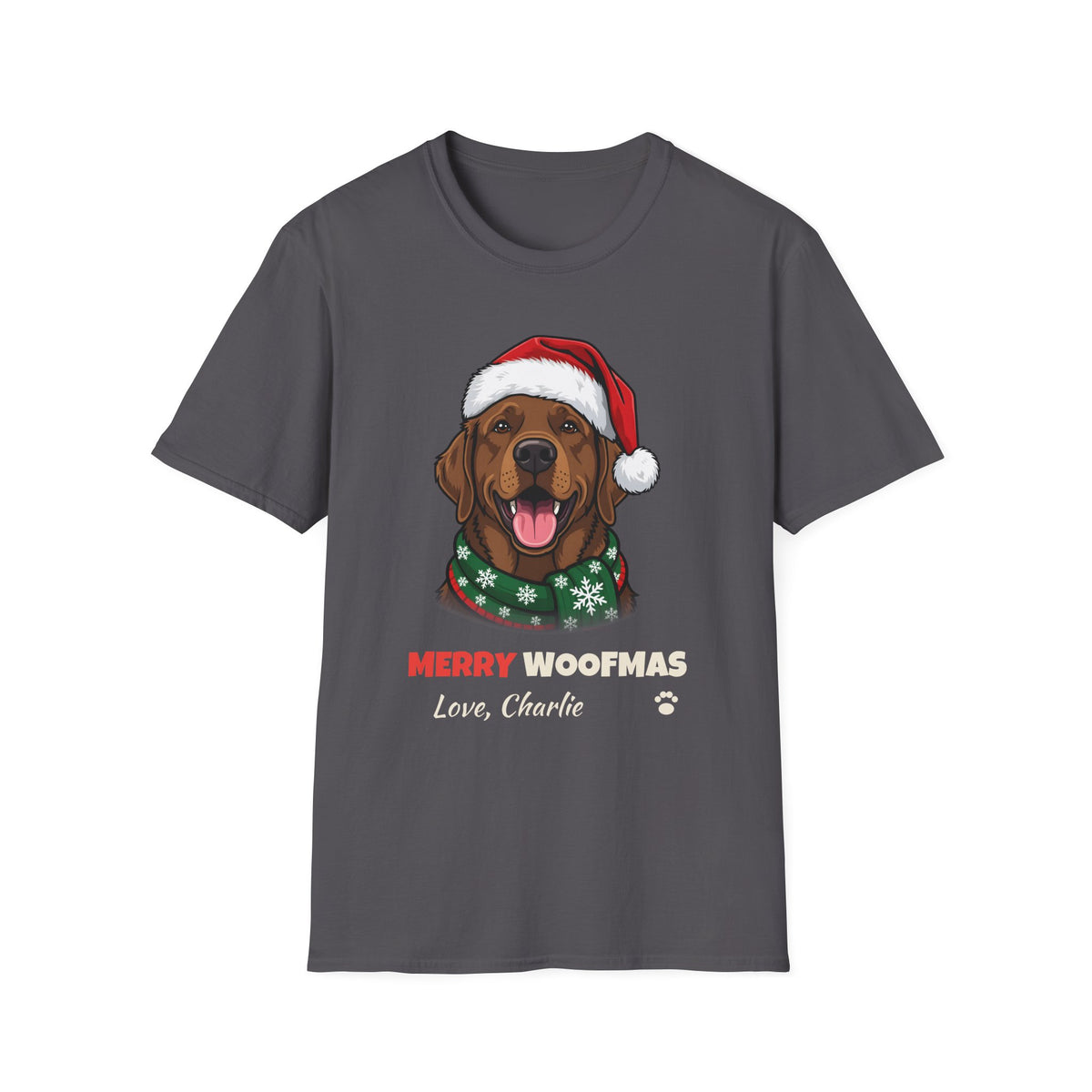 Merry Woofmas Chocolate Labrador Christmas t-shirt in Charcoal, front view