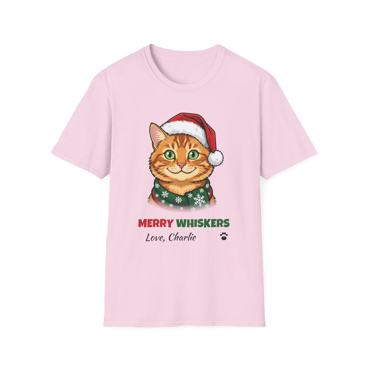 Merry Whiskers Ginger Tabby Cat Christmas t-shirt in Light Pink, front view