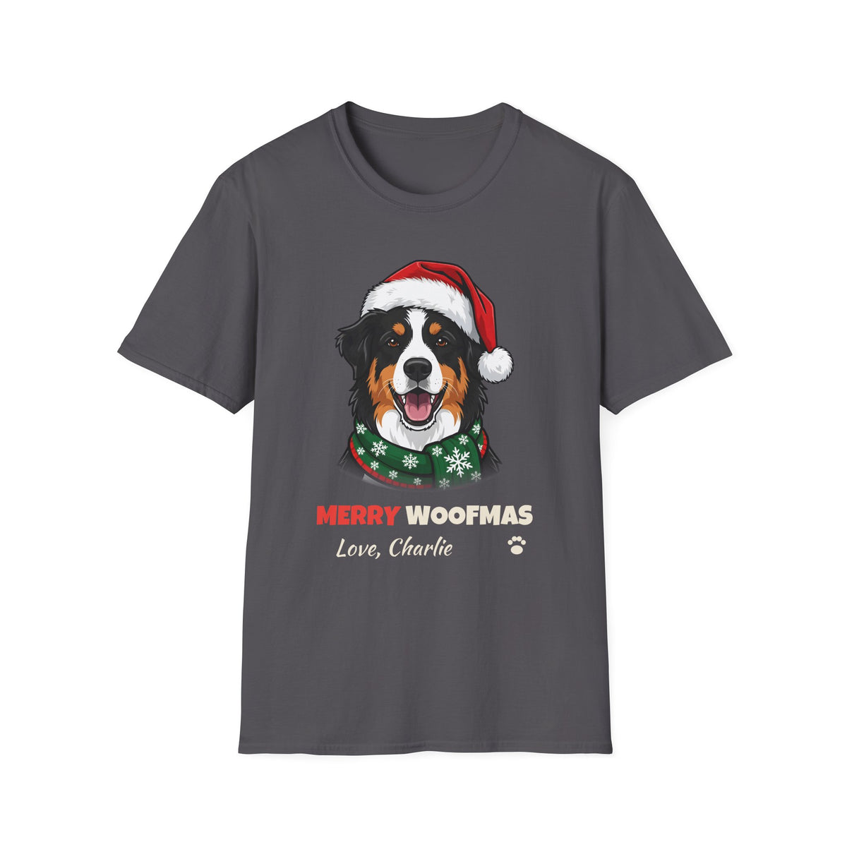 Merry Woofmas Australian Shepherd Christmas t-shirt in Charcoal, front view