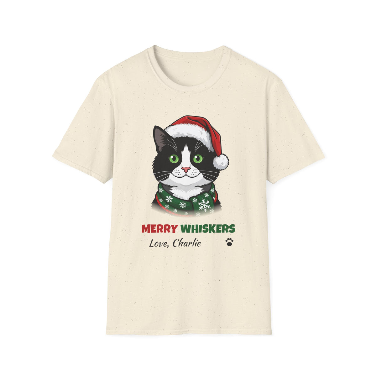 Merry Whiskers Tuxedo Cat Christmas t-shirt in Natural, front view