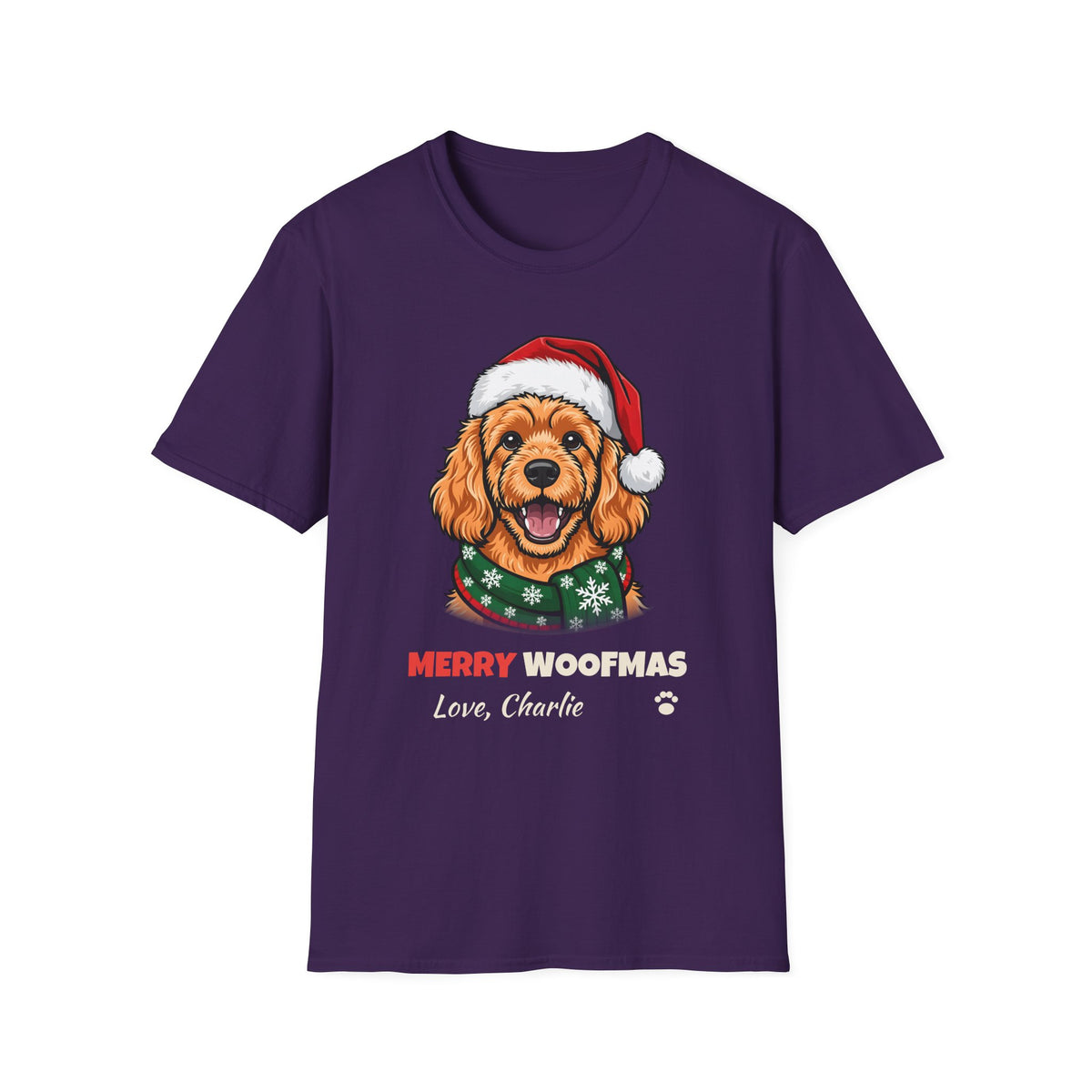 Merry Woofmas Apricot Cavapoo Christmas t-shirt in Purple, front view