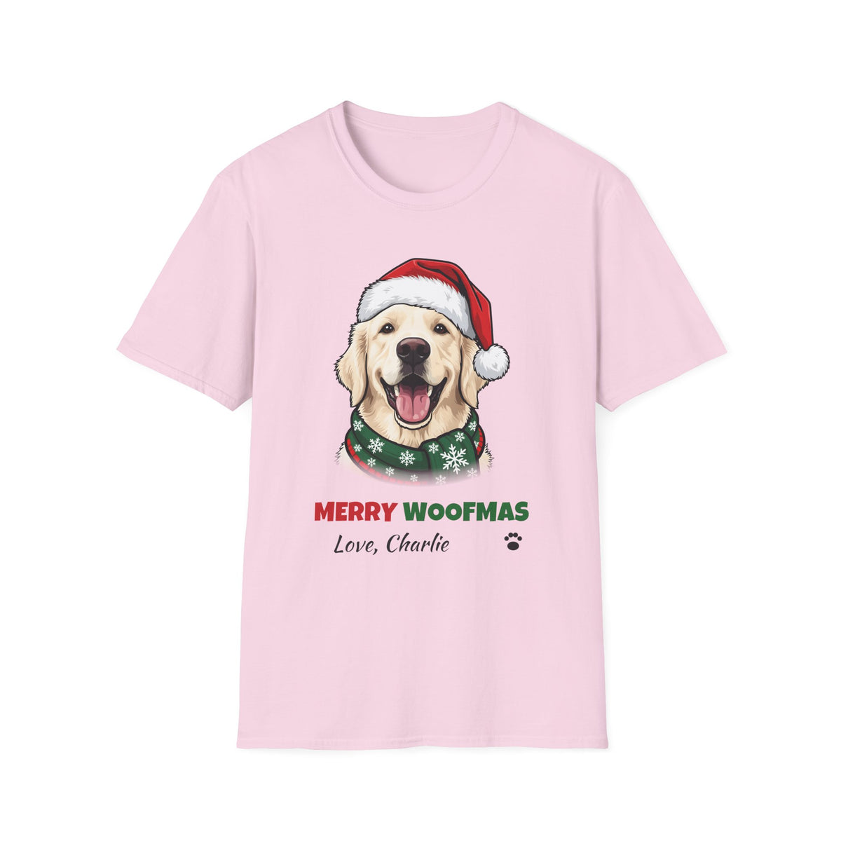 Merry Woofmas English Cream Golden Retriever Christmas t-shirt in Light Pink, front view