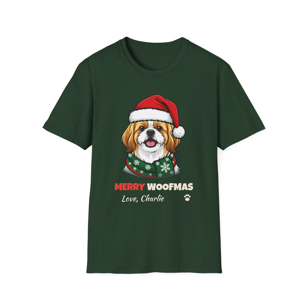 Merry Woofmas Shih Tzu Christmas t-shirt in Forest Green, front view