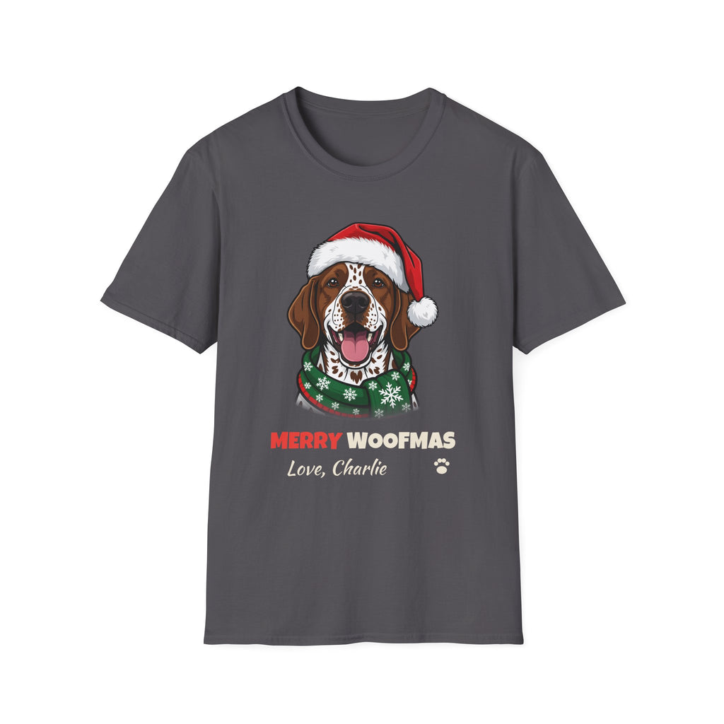 Merry Woofmas German Shorthaired Pointer Christmas t-shirt in Charcoal, front view