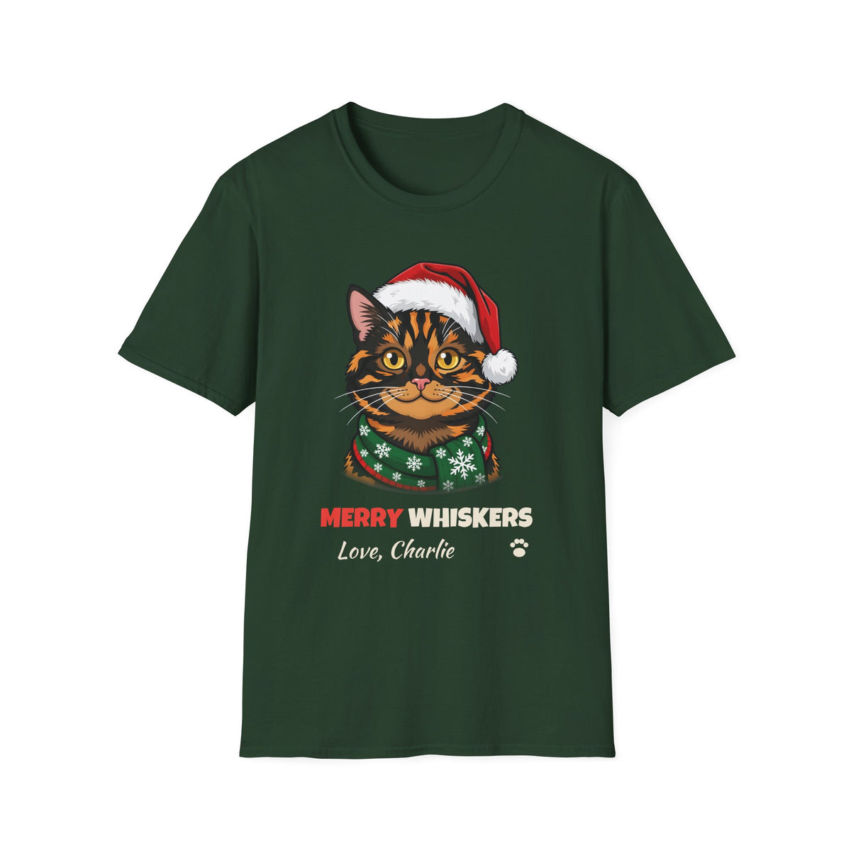 Merry Whiskers Tortoiseshell Cat Christmas t-shirt in Forest Green, front view