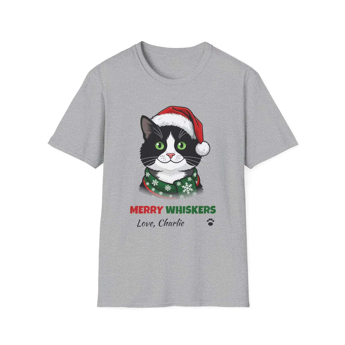 Merry Whiskers Tuxedo Cat Christmas t-shirt in Sport Gray, front view