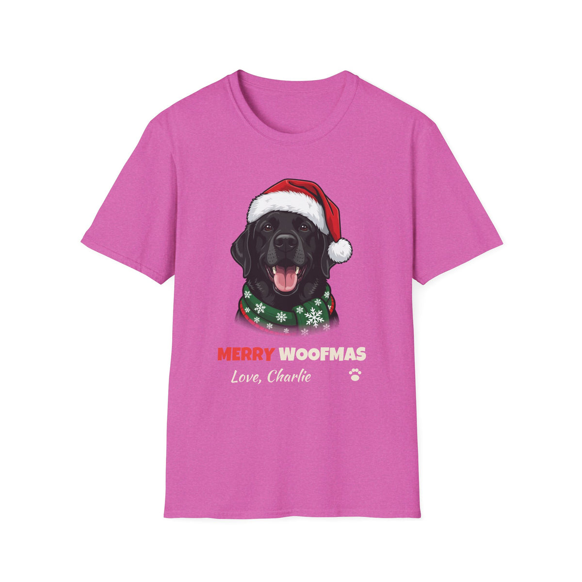 Merry Woofmas Black Labrador Christmas t-shirt in Heather Berry, front view