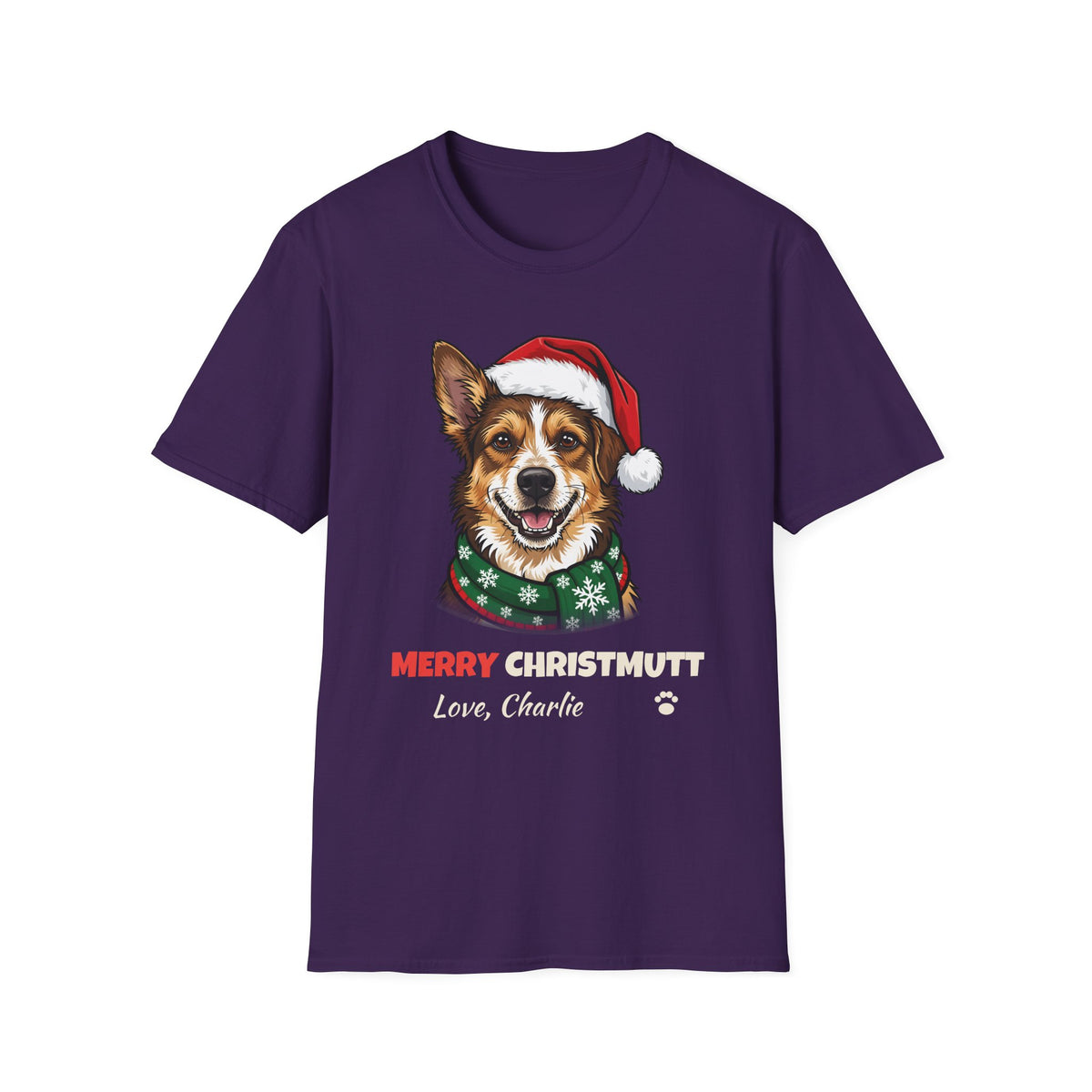 Merry Christmutt Mixed Breed Christmas t-shirt in Purple, front view