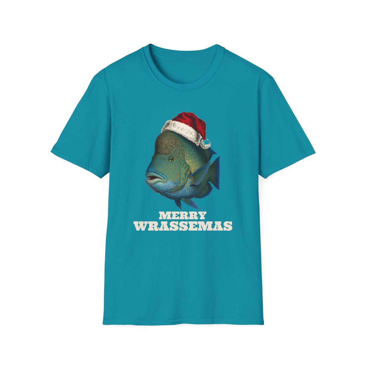 Merry Wrassemas t-shirt in Tropical Blue, front view