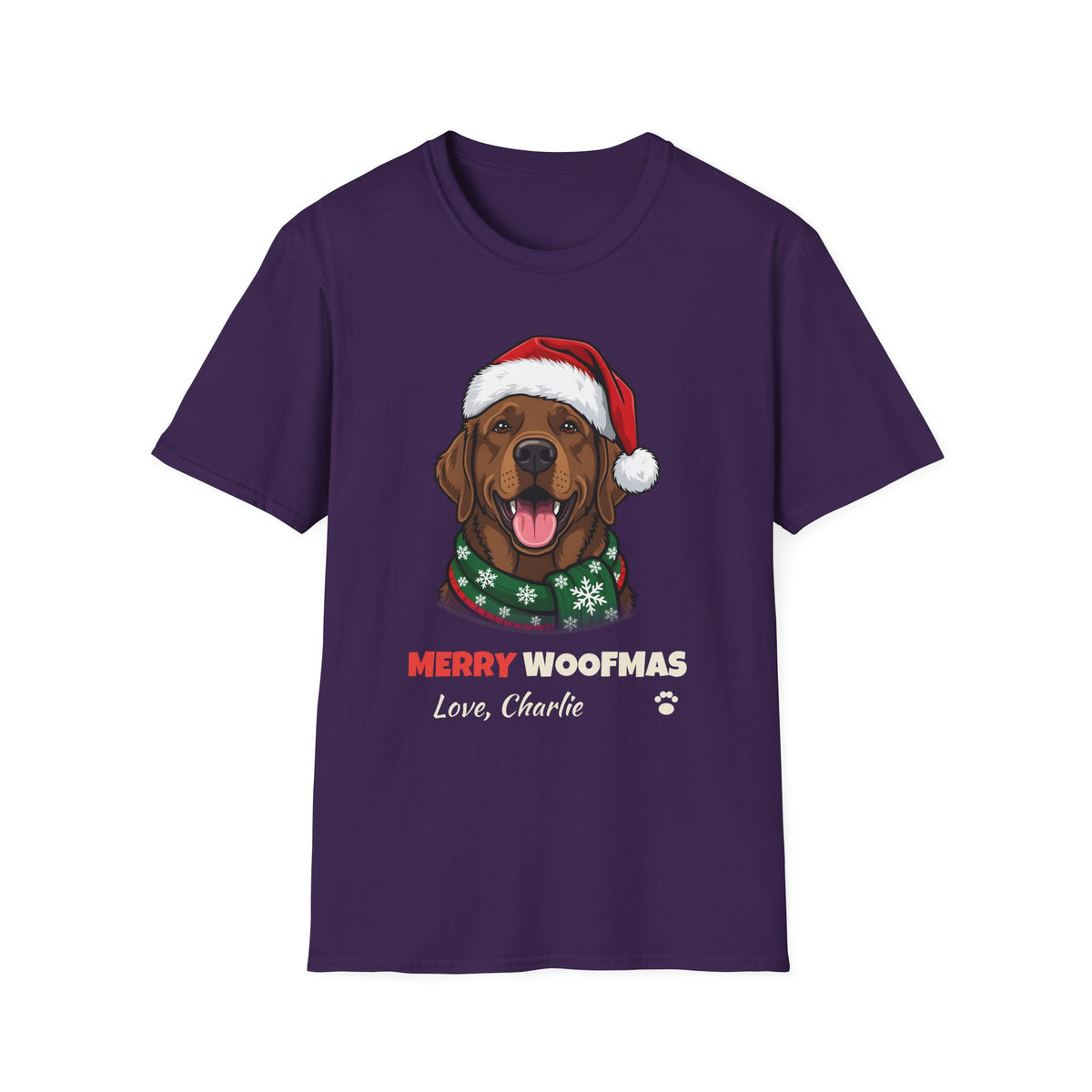 Merry Woofmas Chocolate Labrador Christmas t-shirt in Purple, front view