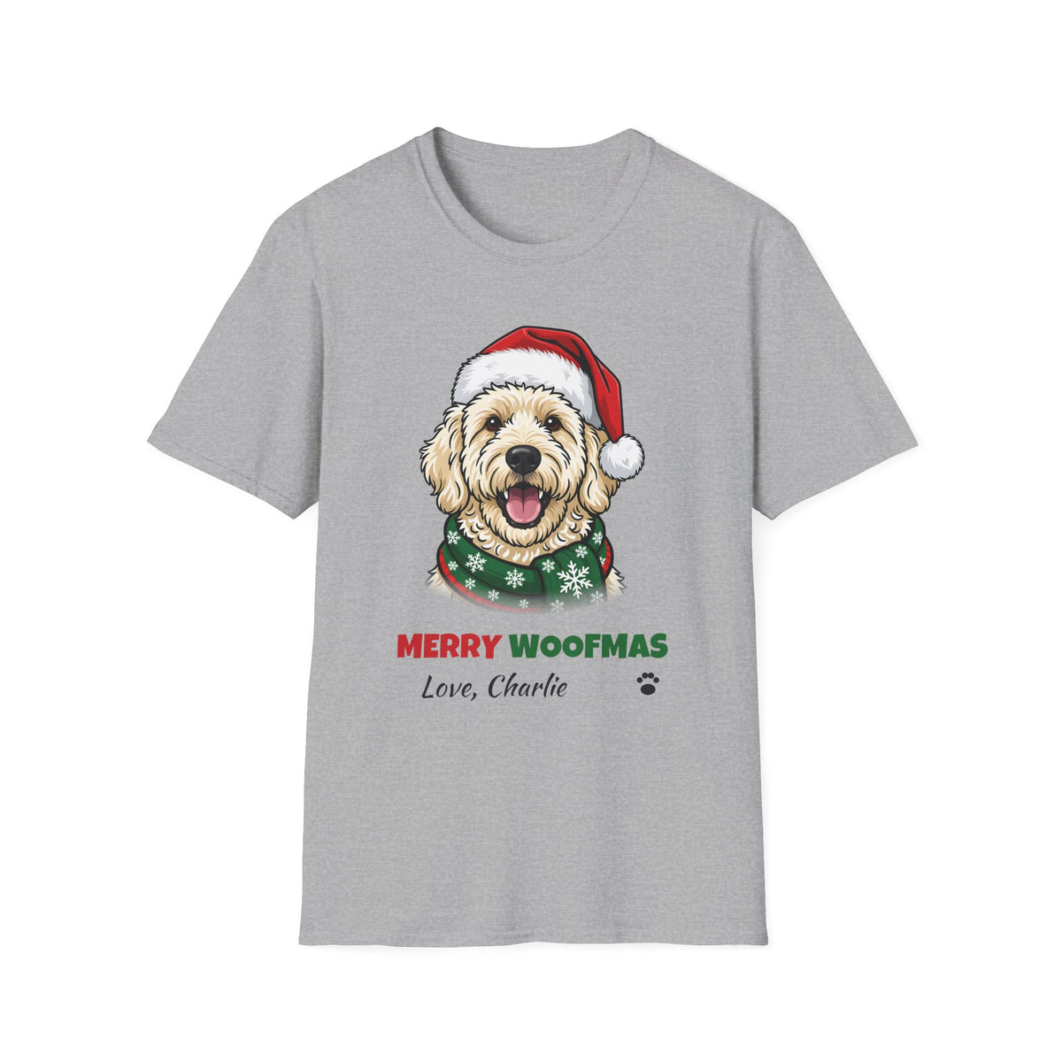 Merry Woofmas Labradoodle Christmas t-shirt in Sport Gray, front view