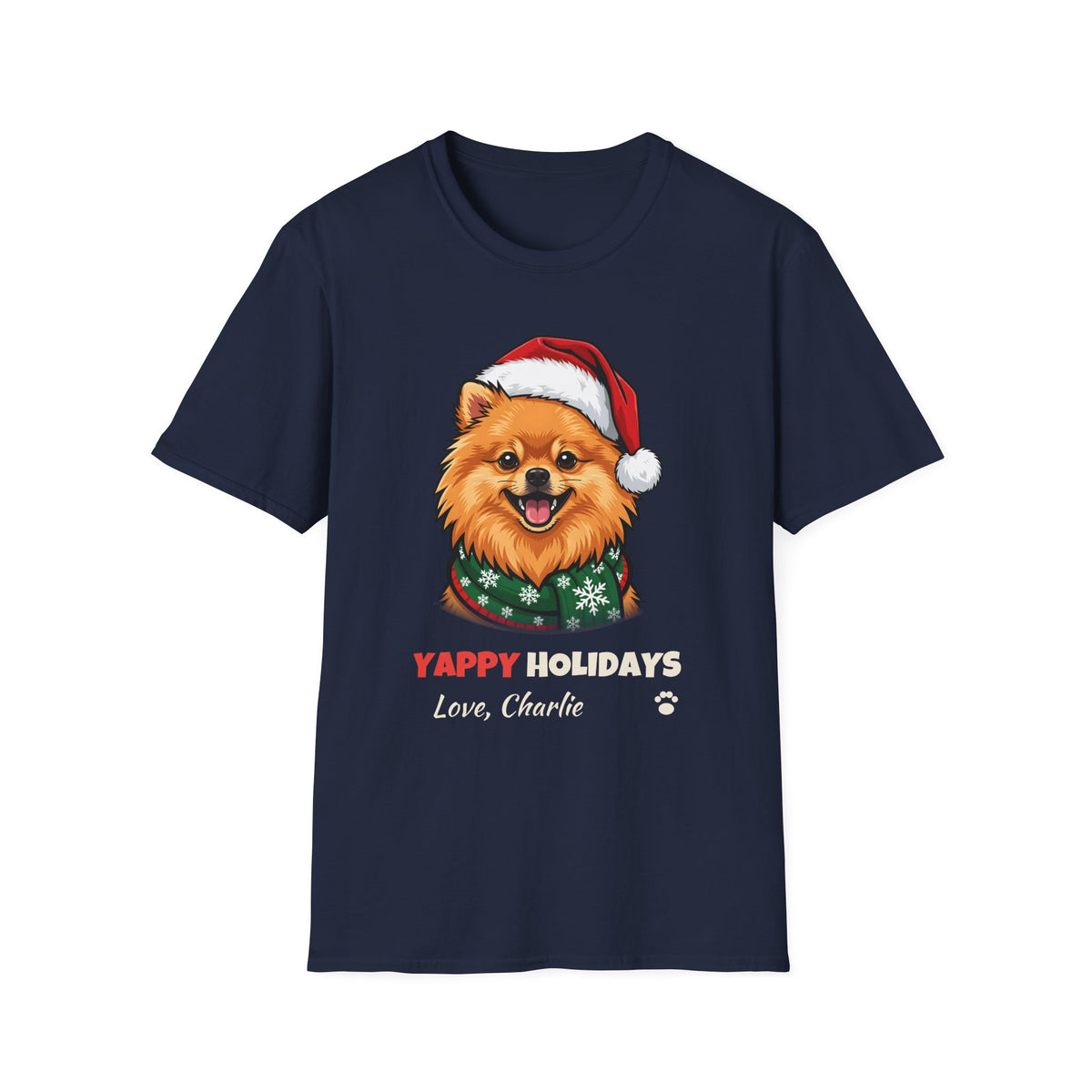 Yappy Holidays Pomeranian Christmas t-shirt in Navy, front view