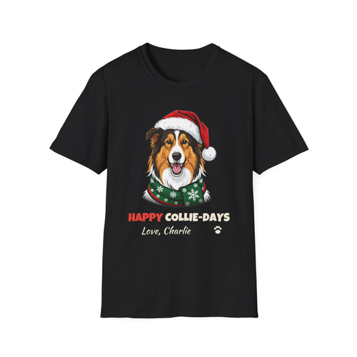 Happy Collie-Days Rough Collie Christmas t-shirt in Black, front view