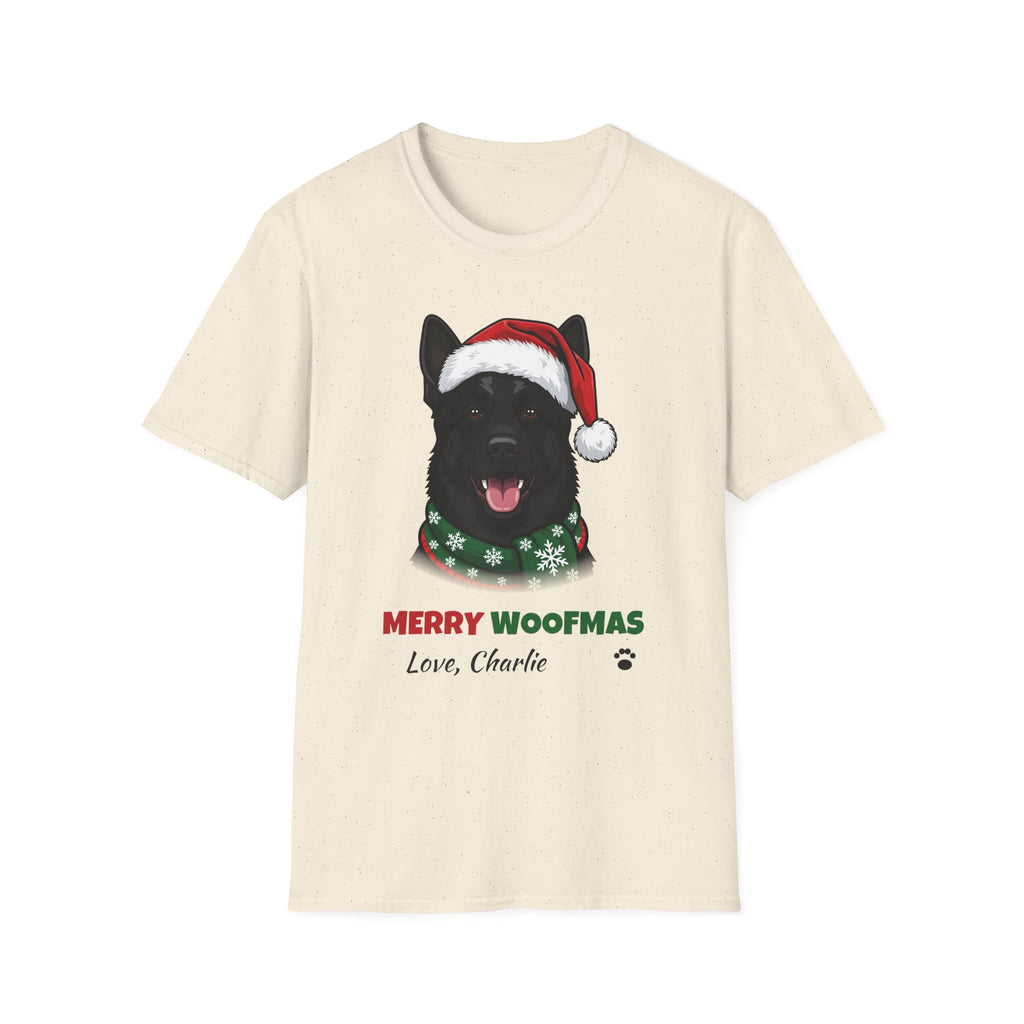 Merry Woofmas Black German Shepherd Christmas t-shirt in Natural, front view