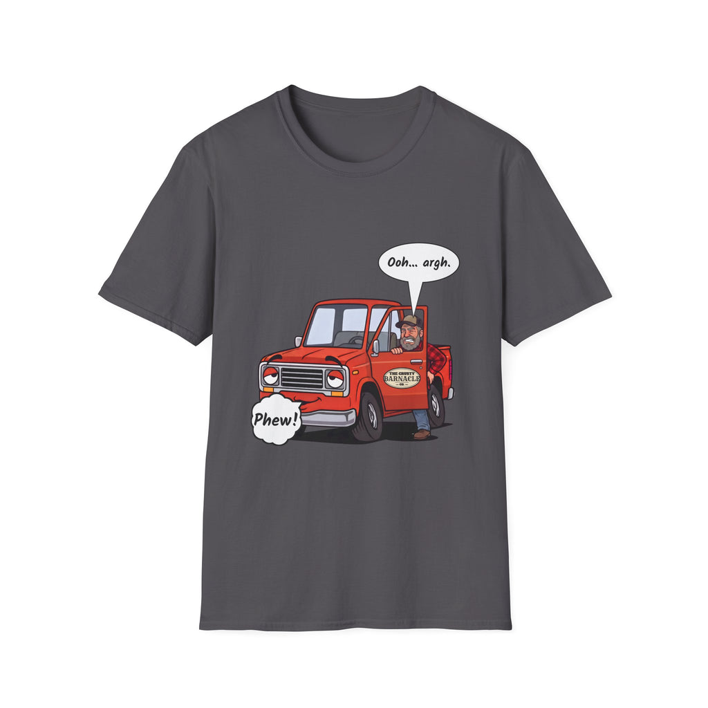 Tired Truck Phew t-shirt in Charcoal, front view