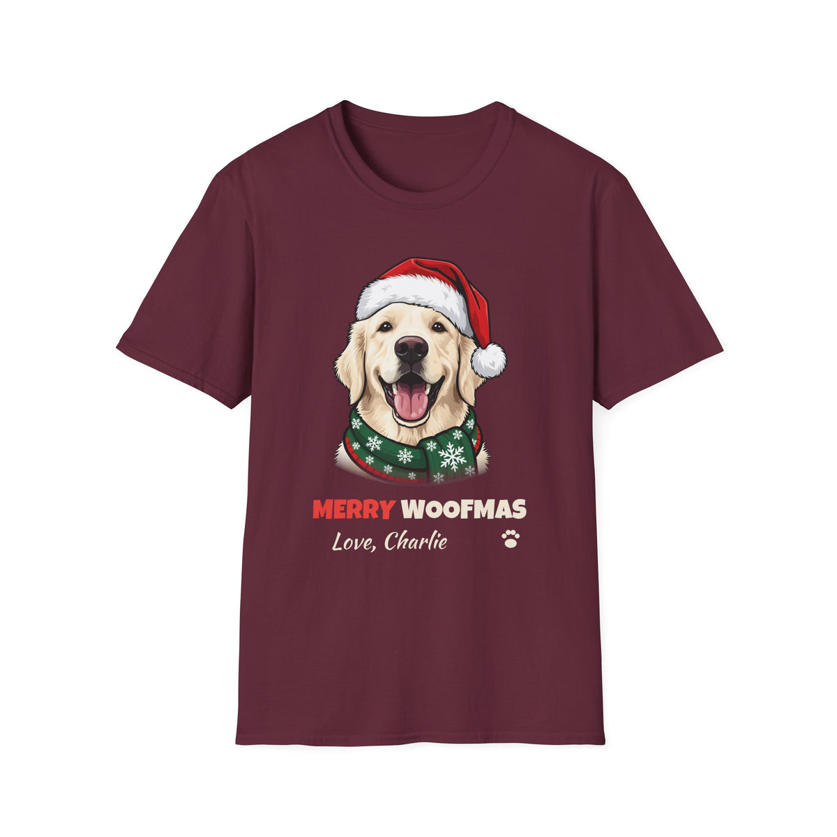 Merry Woofmas English Cream Golden Retriever Christmas t-shirt in Maroon, front view