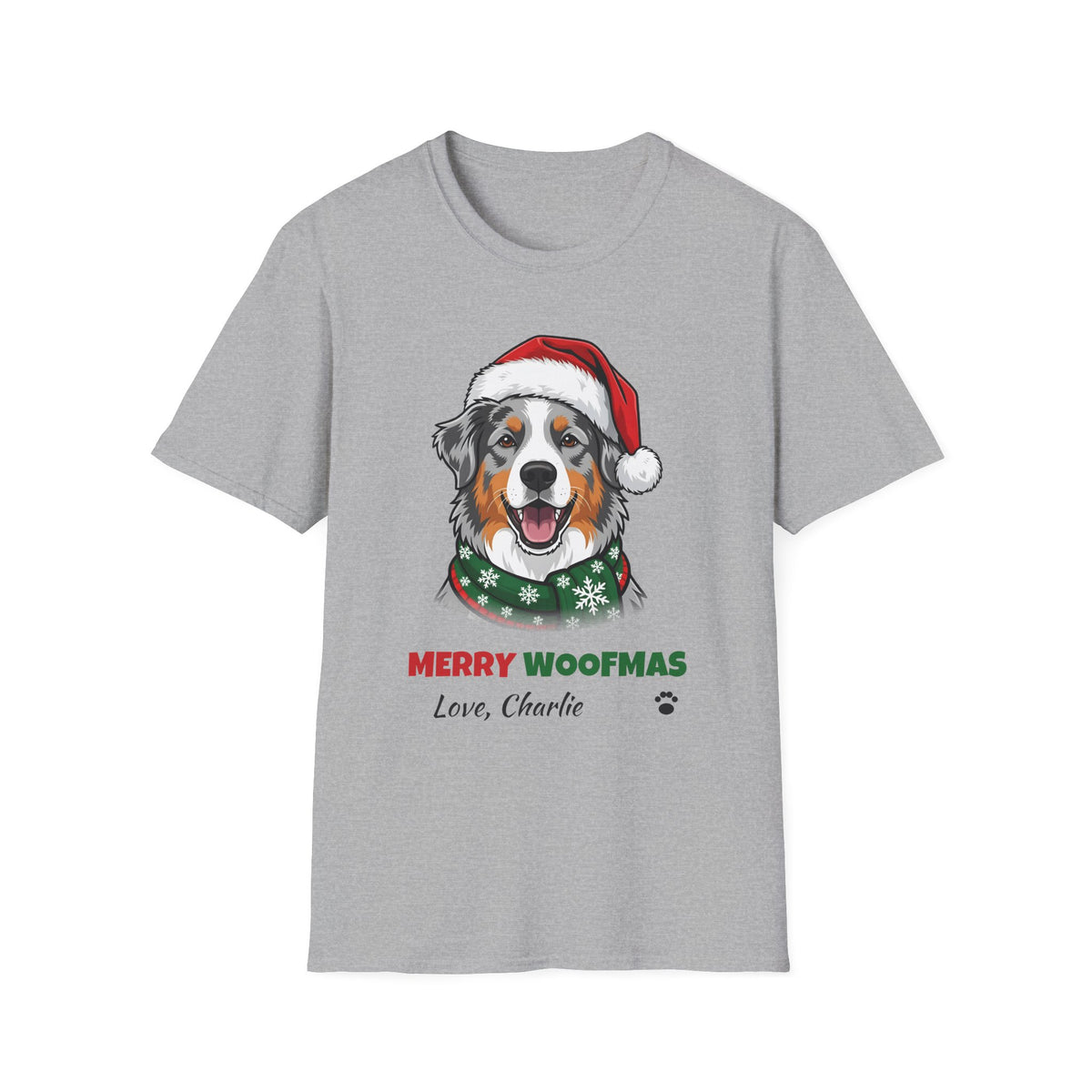 Merry Woofmas Blue Merle Australian Shepherd Christmas t-shirt in Sport Gray, front view