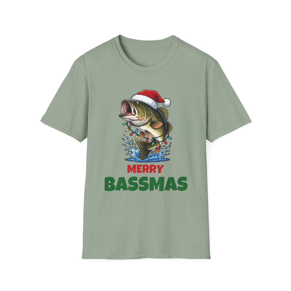 Merry Bassmas Christmas t-shirt in Sage, front view