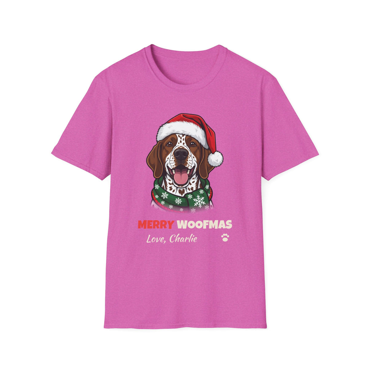 Merry Woofmas German Shorthaired Pointer Christmas t-shirt in Heather Berry, front view