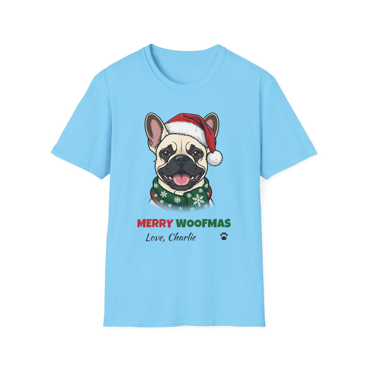 Merry Woofmas Cream French Bulldog Christmas t-shirt in Sky, front view