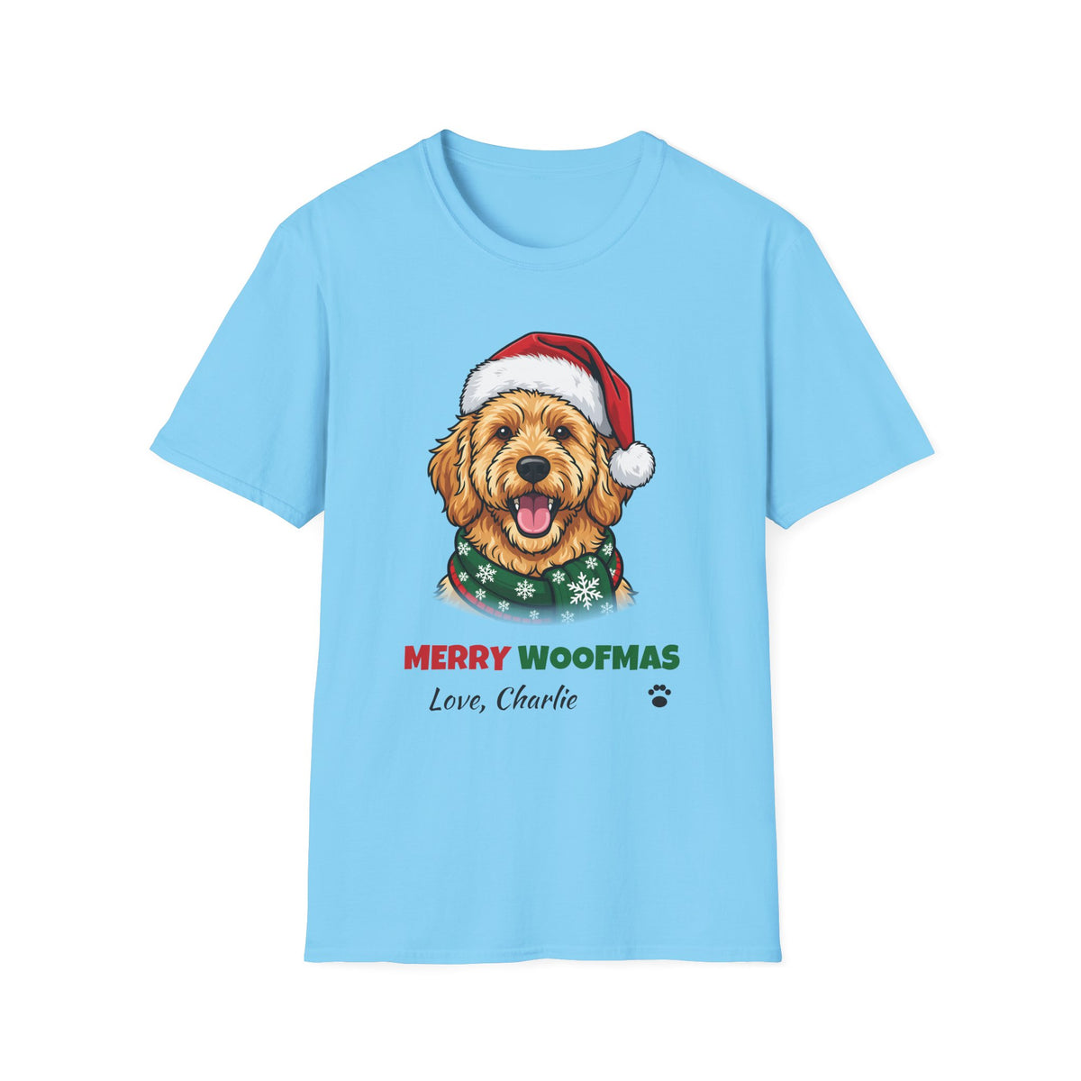 Merry Woofmas Goldendoodle Christmas t-shirt in Sky, front view