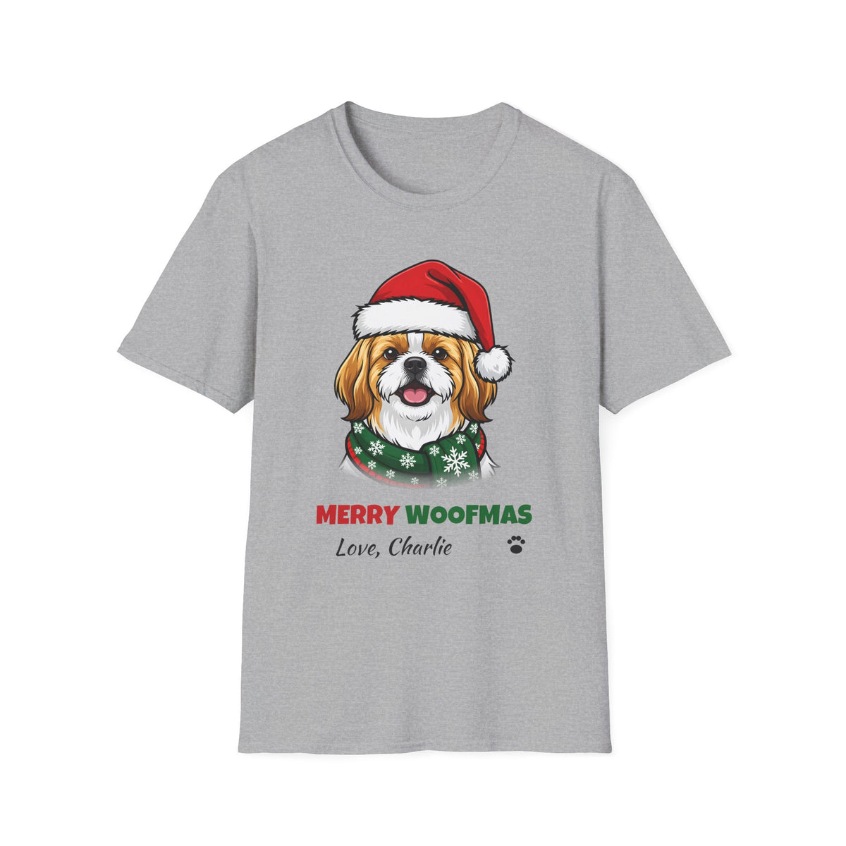 Merry Woofmas Shih Tzu Christmas t-shirt in Sport Gray, front view