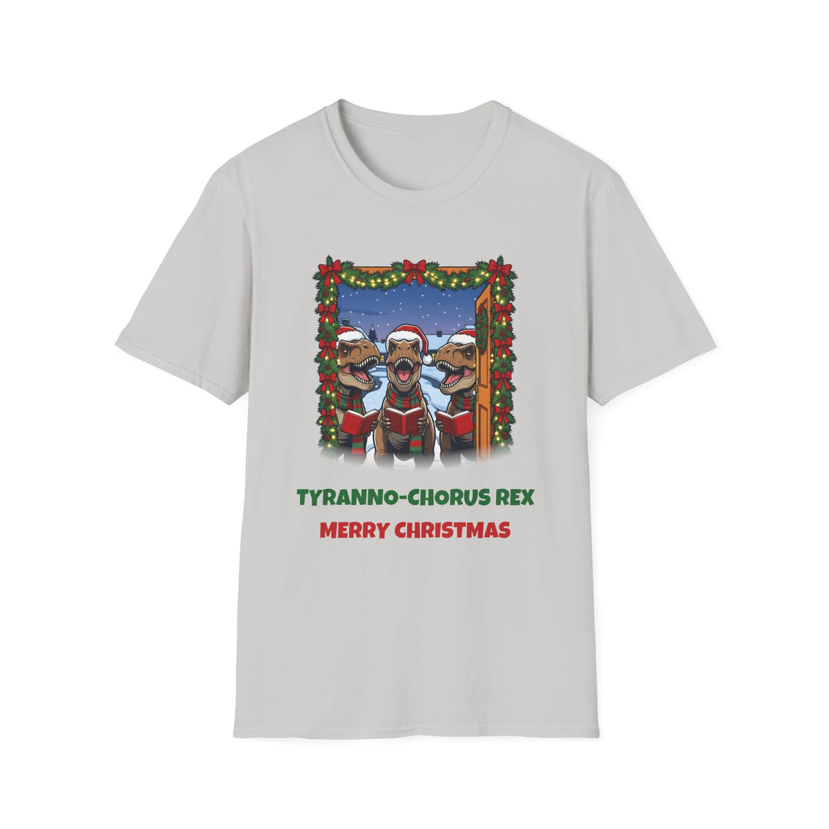 Tyranno-Chorus Rex Christmas t-shirt in Ice Gray, front view