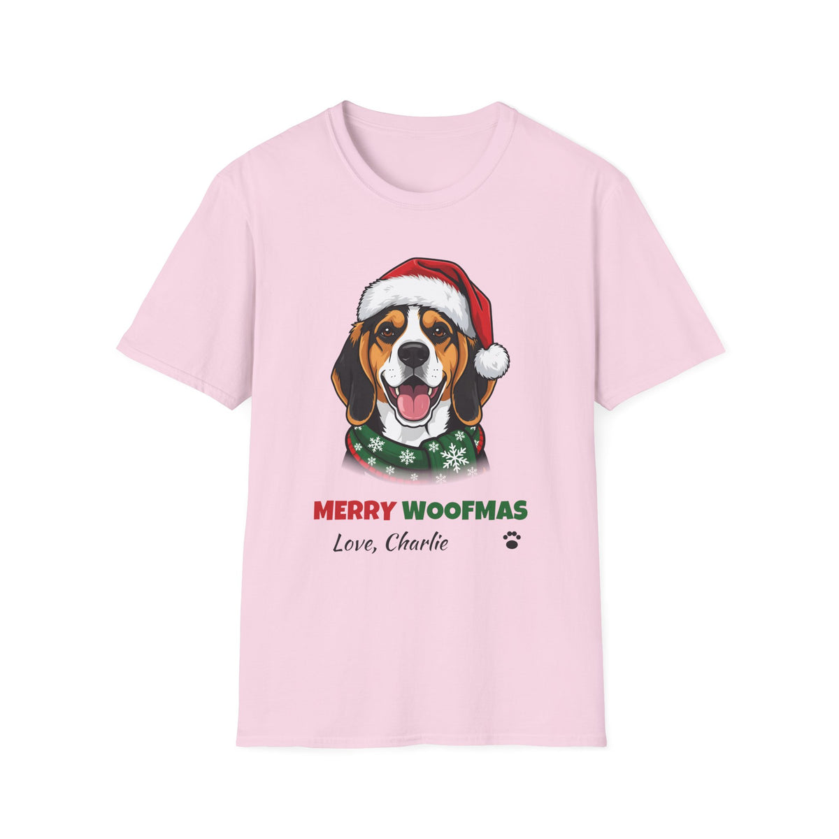 Merry Woofmas Beagle Christmas t-shirt in Light Pink, front view