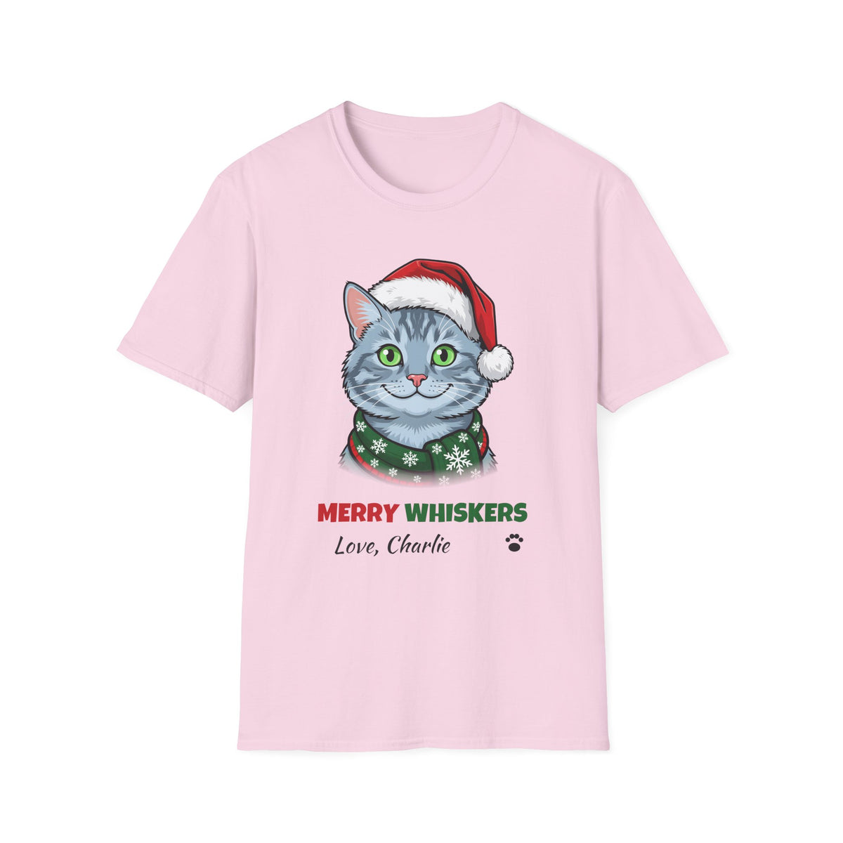 Merry Whiskers Gray Cat Christmas t-shirt in Light Pink, front view