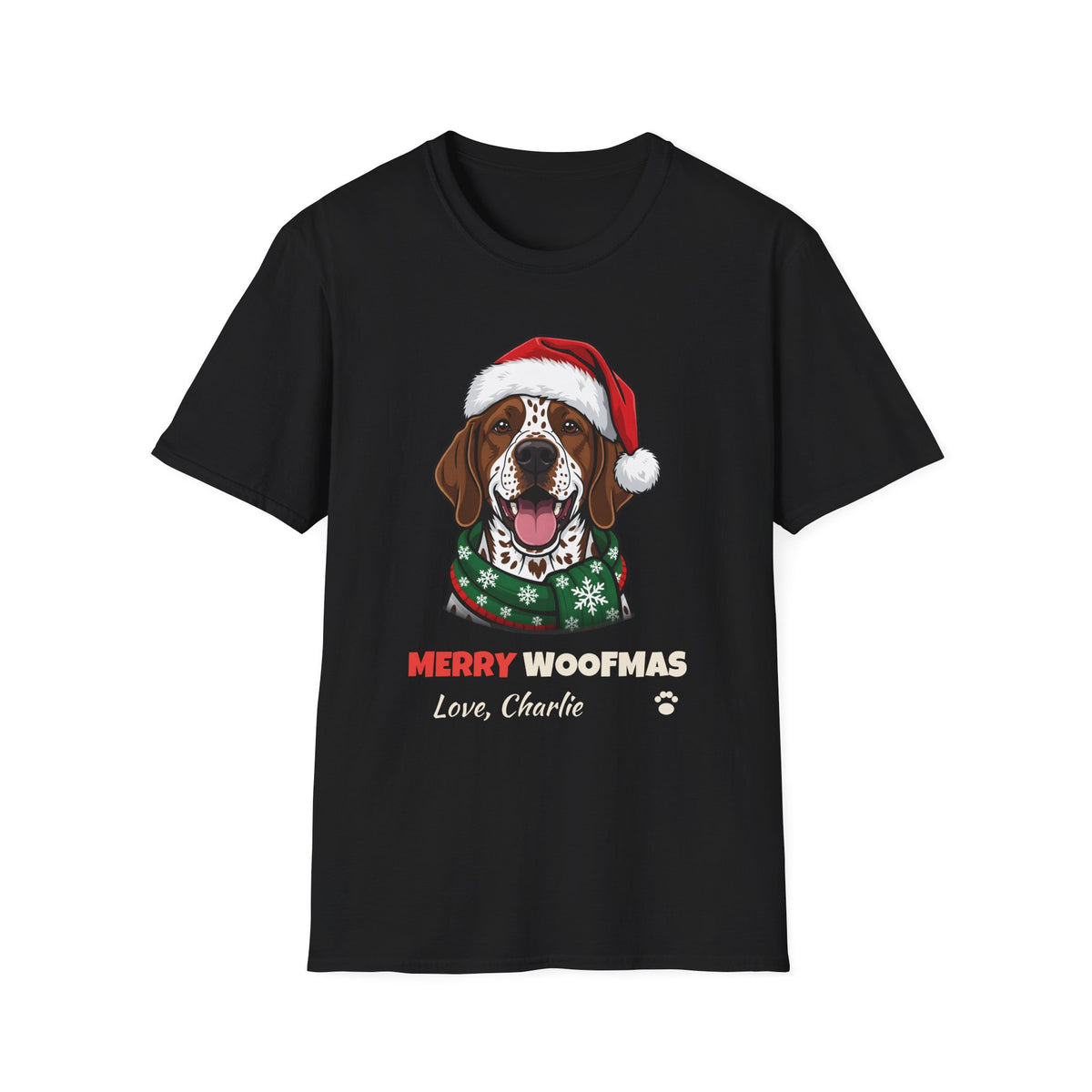 Merry Woofmas German Shorthaired Pointer Christmas t-shirt in Black, front view