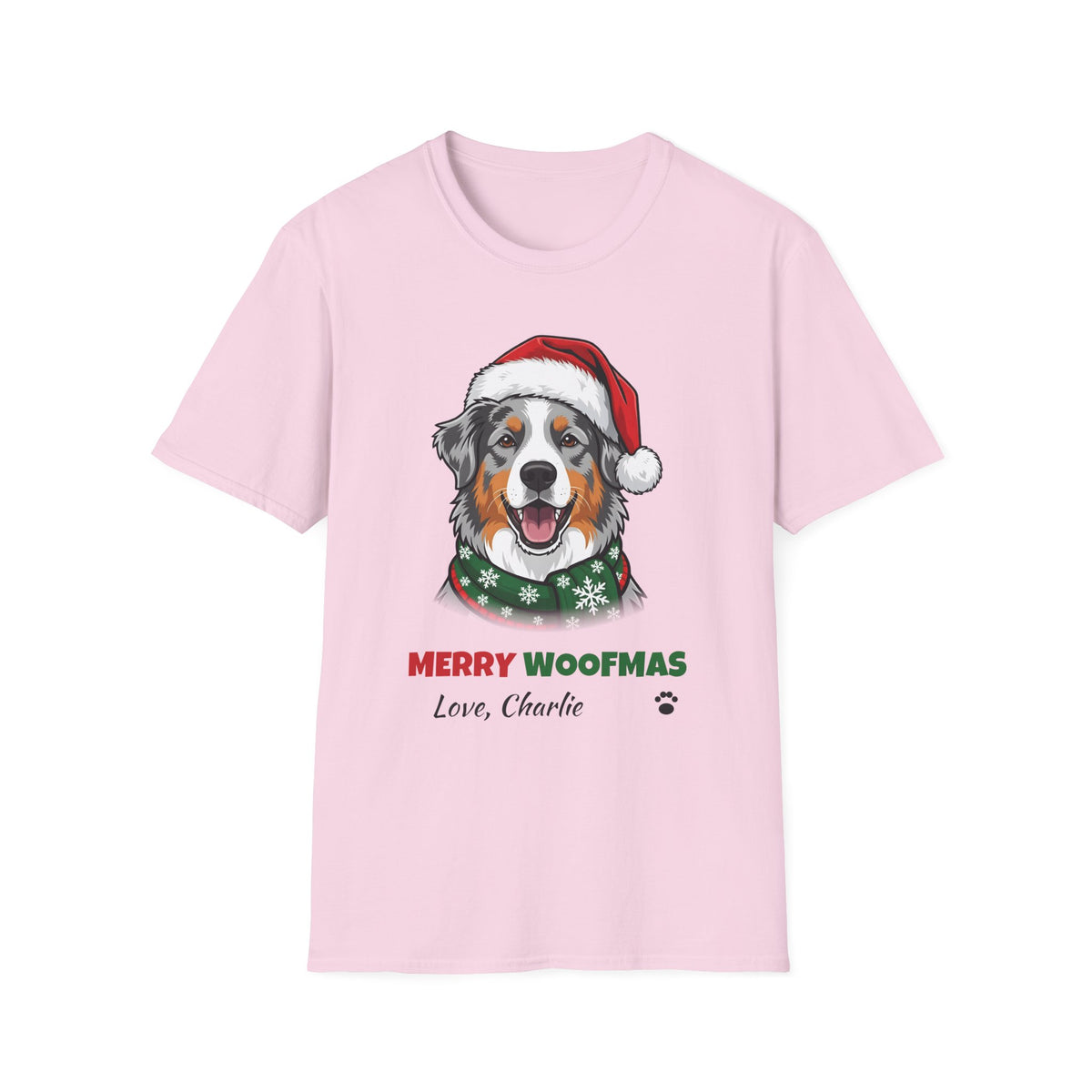 Merry Woofmas Blue Merle Australian Shepherd Christmas t-shirt in Light Pink, front view