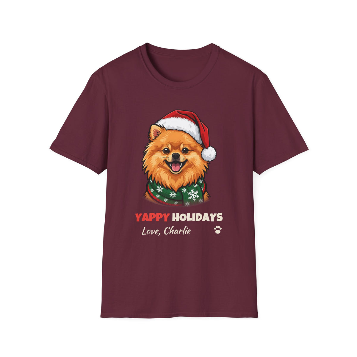 Yappy Holidays Pomeranian Christmas t-shirt in Maroon, front view