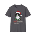 Merry Whiskers Tuxedo Cat Christmas t-shirt in Charcoal, front view