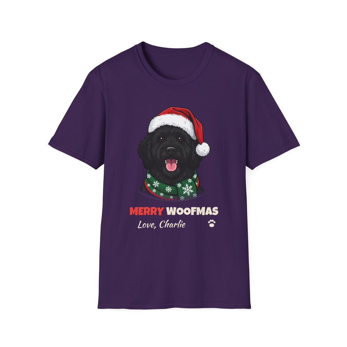 Merry Woofmas Black Goldendoodle Christmas t-shirt in Purple, front view